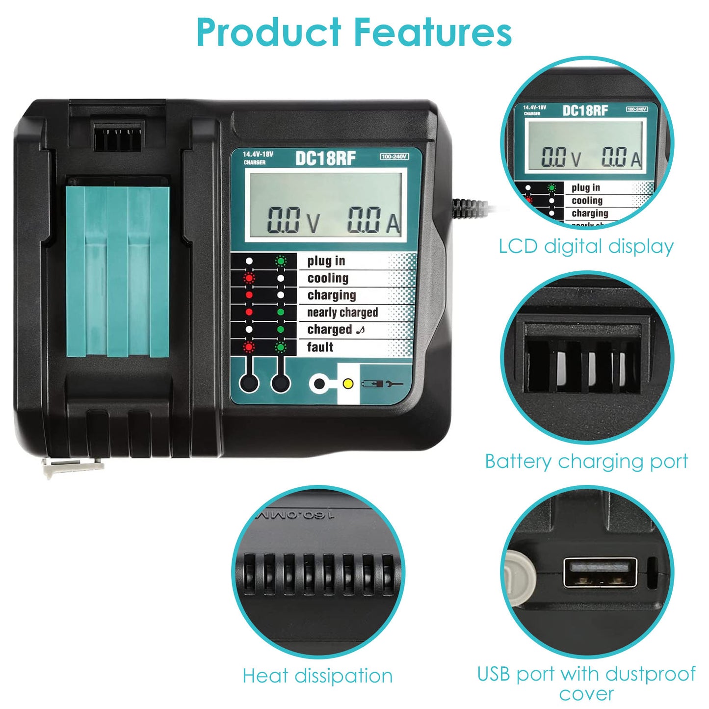 Makita Battery Charger 14.4-18V with LCD Display & USB Port