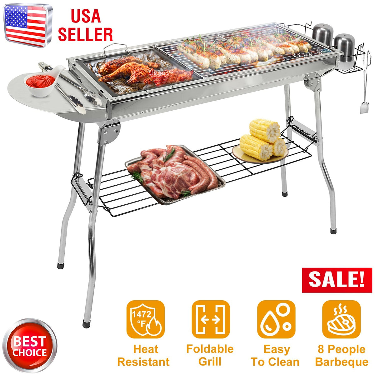 Foldable BBQ Grill Portable Charcoal Barbeque Grill Stainless Steel BBQ Grill For Picnic Camping Backyard Cooking