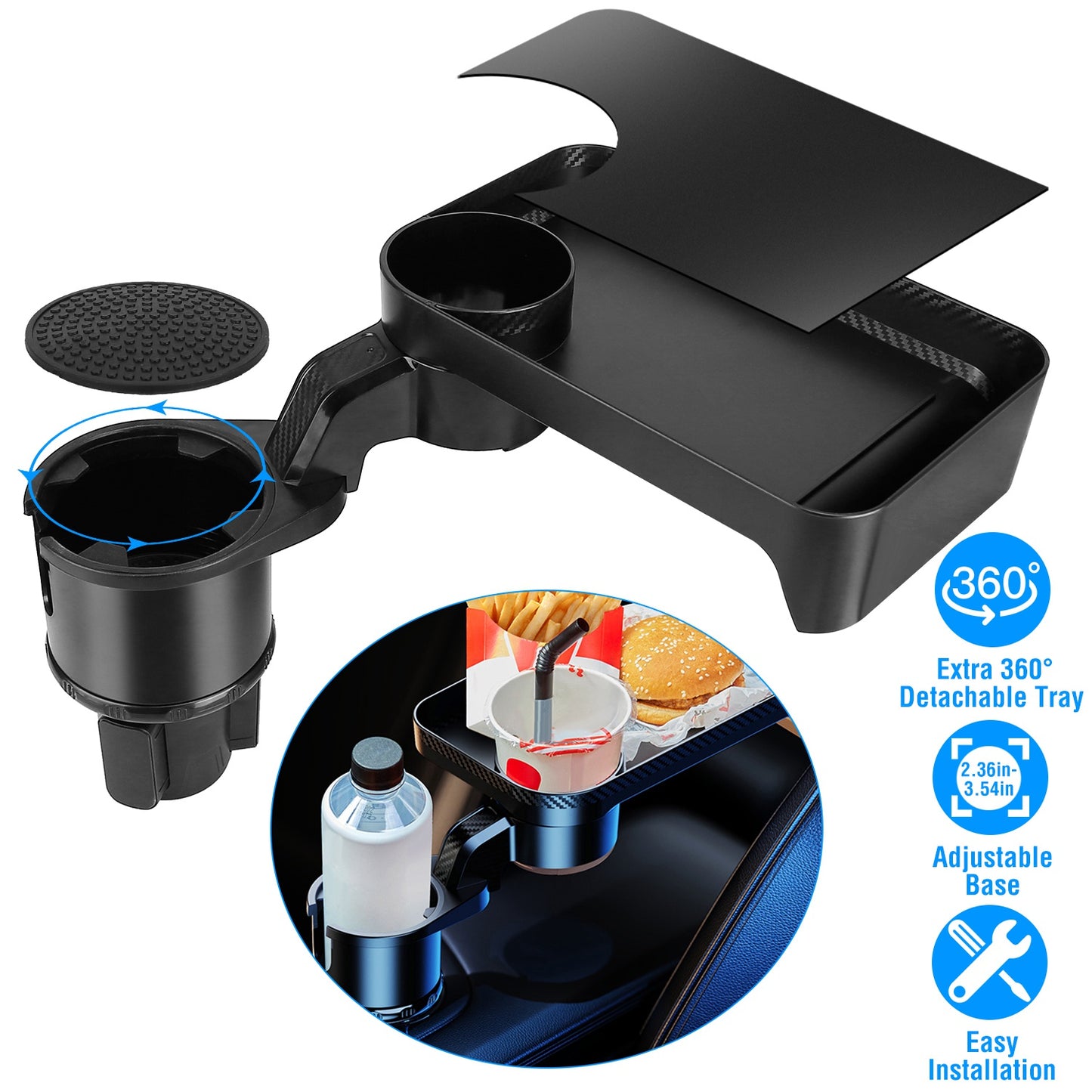 Car Cup Holder Tray with 360° Rotating Organizer