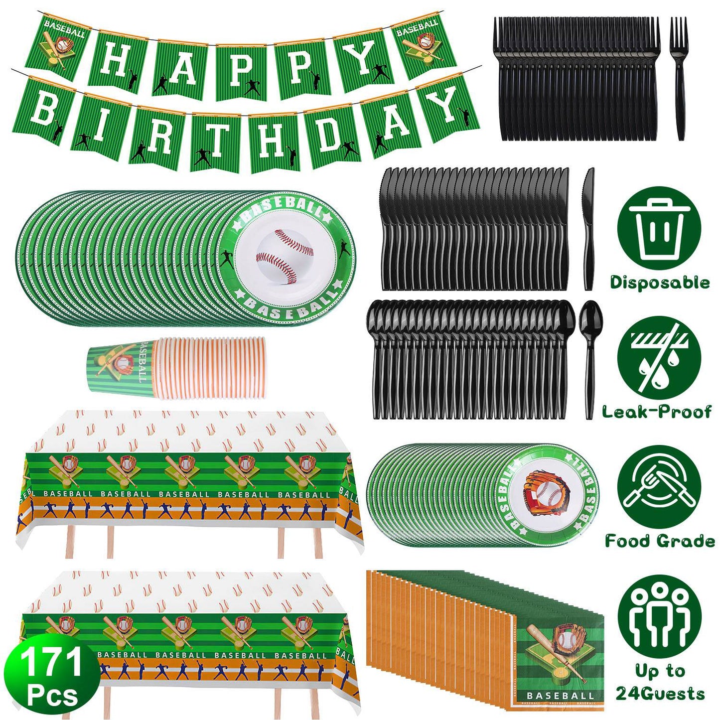 Baseball Party Supplies Kit for 24 Guests - 171 Pieces