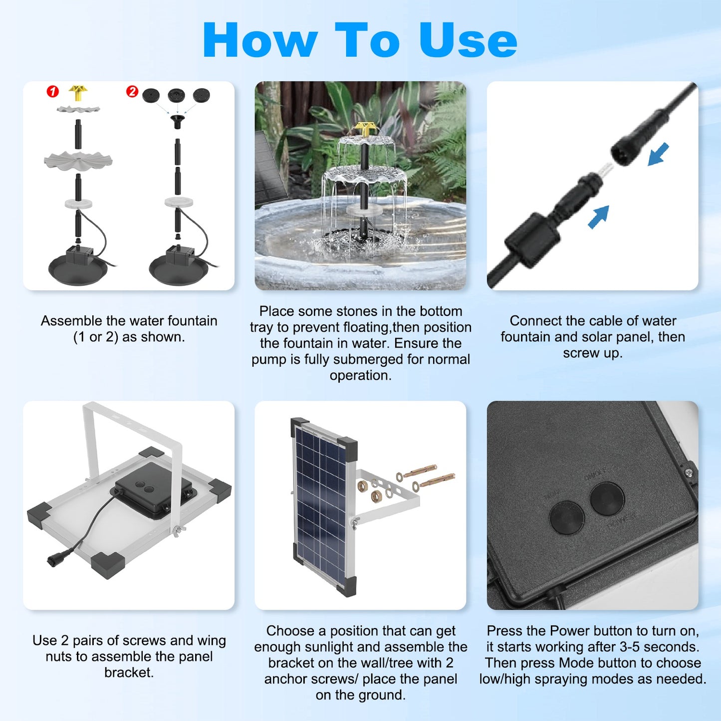 Solar Bird Bath Fountain with LED Lights & Battery Backup
