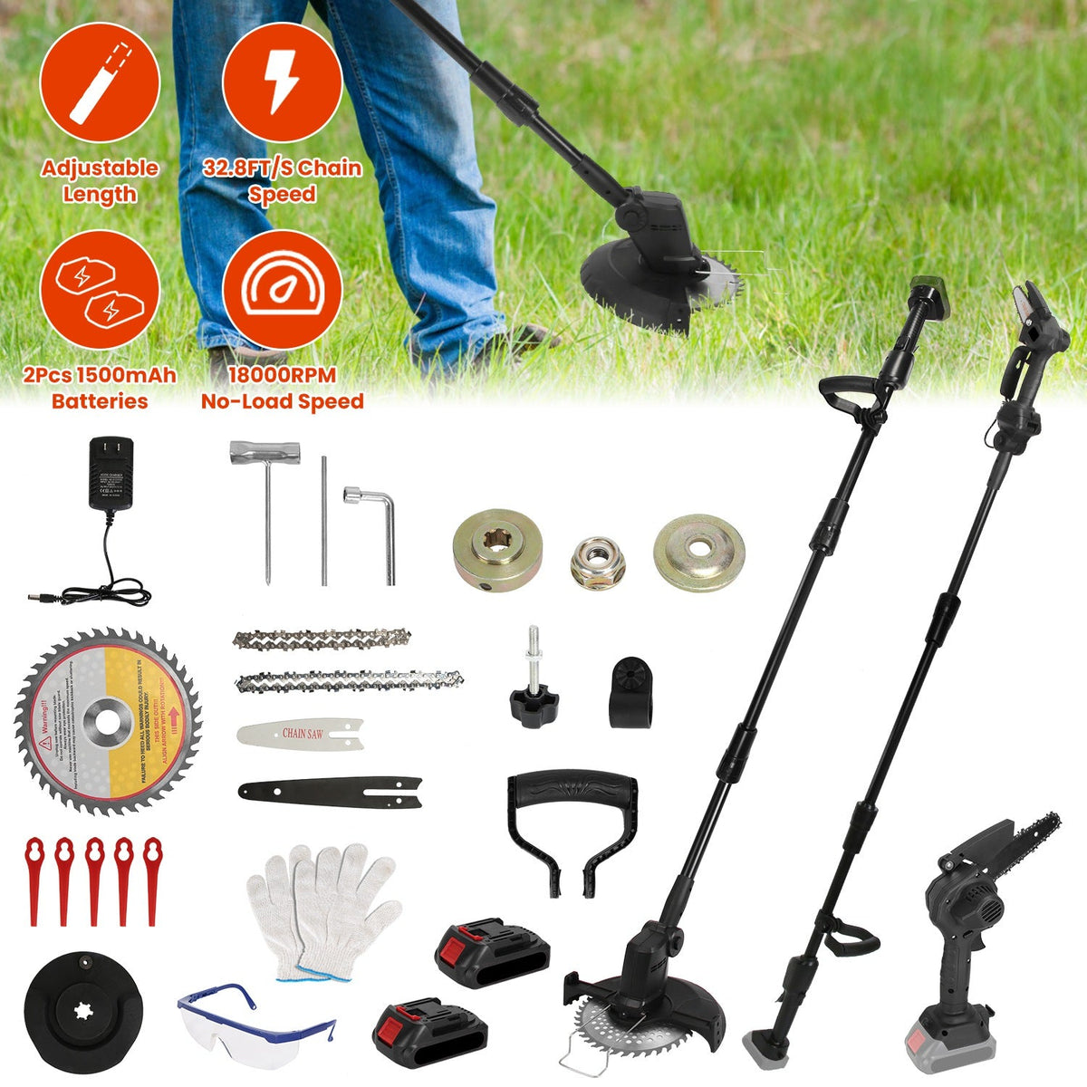 3-in-1 Cordless Electric Pole Saw & Mini Chainsaw & Grass Trimmer Kit with Adjustable Length 2Pcs 21V 1500mAh Batteries 4in/6in Chains Saw Blade 5Pcs