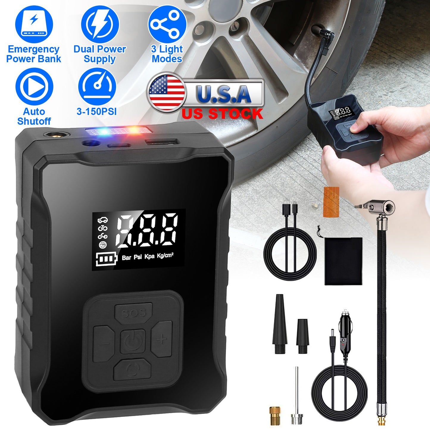 Cordless Tire Inflator 150PSI with LED Light & Power Bank