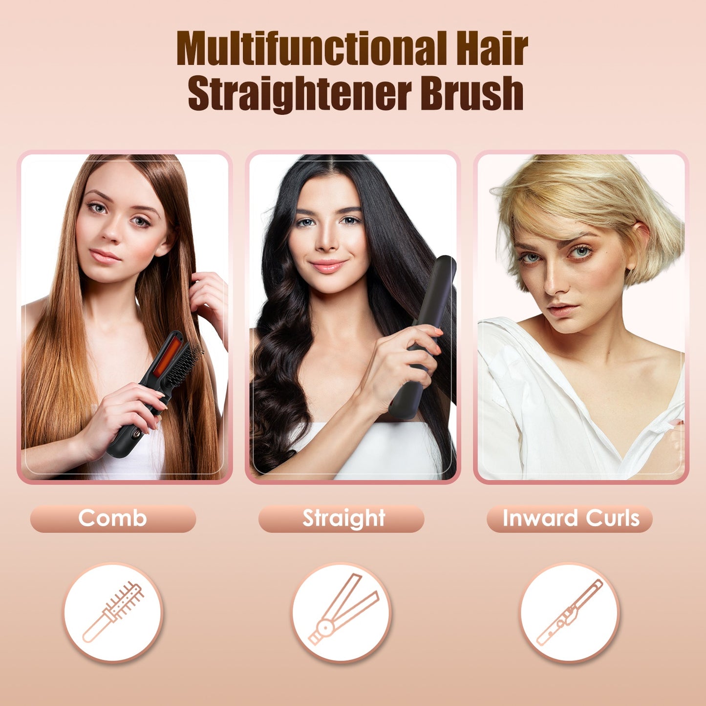 Cordless Hair Straightener Brush 2-in-1 Ceramic Flat Iron