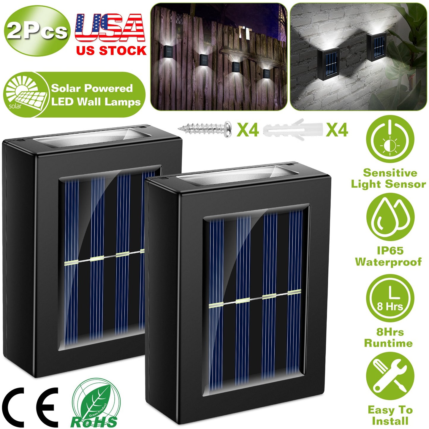 Solar Deck Lights Outdoor - 2 Pack Waterproof LED Fence Lamps