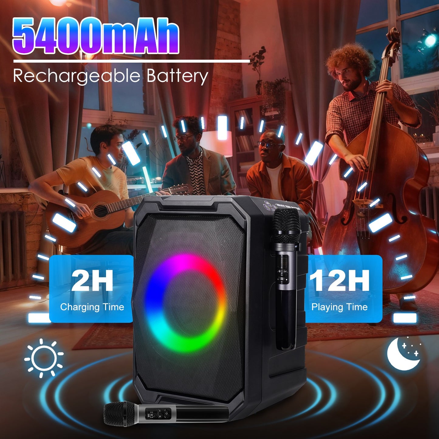 Portable Wireless Party Speaker with LED Lights & 2 Mics