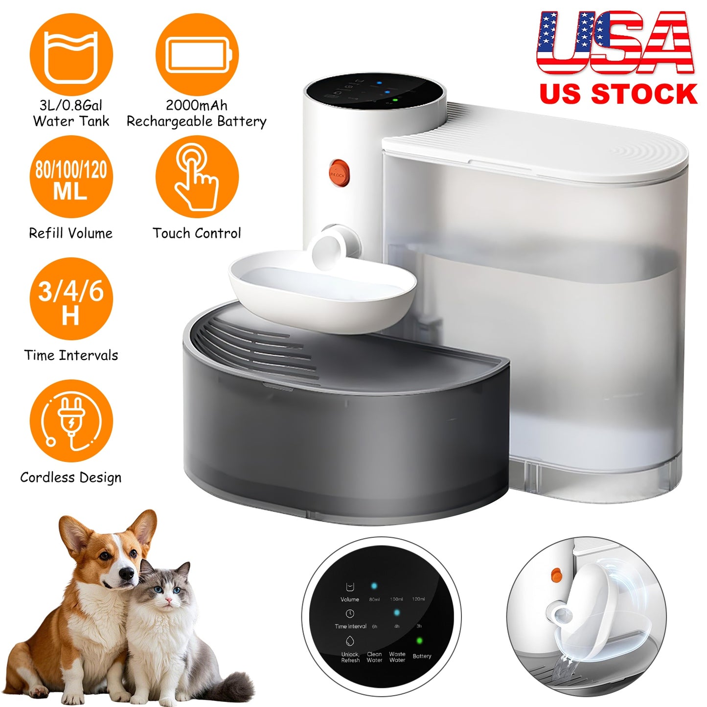 Automatic Pet Water Fountain 3L Cordless Self-Refilling Dispenser