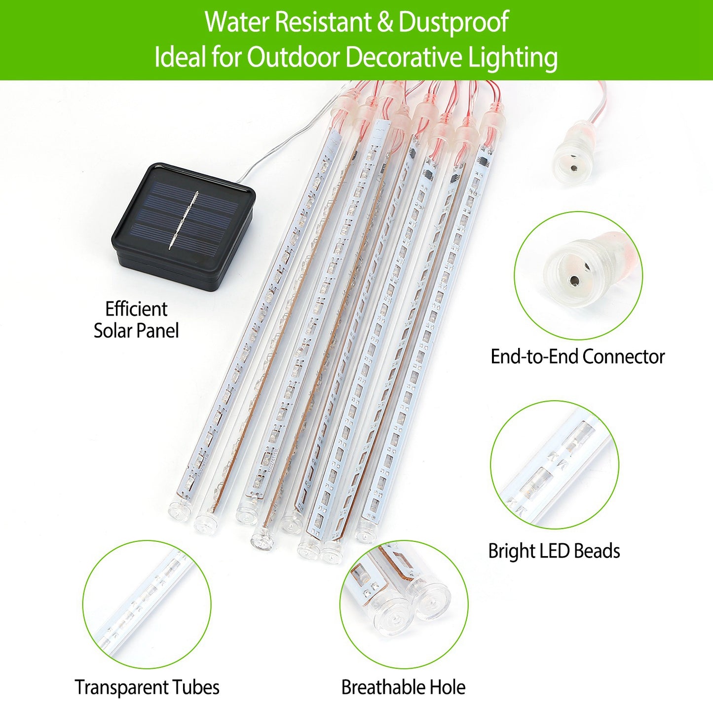 Solar Meteor Shower String Lights 8 Tubes 144 LED Waterproof