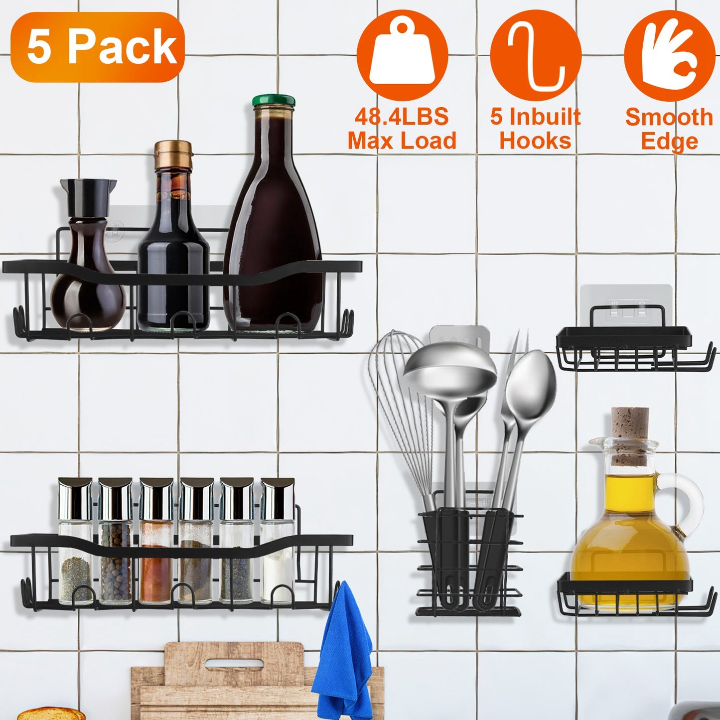 Shower Caddy 5-Piece Set with 18 Hooks - Adhesive Wall Mount
