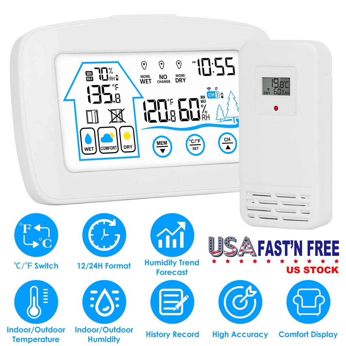 Wireless Weather Station With Clock 196FT Range Indoor Outdoor Thermometer Sensor Temperature and Humidity Monitor Humidity Forecast Battery Powered B