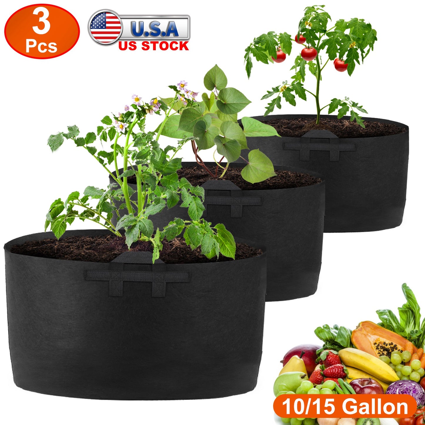 Plant Grow Bags 10 Gallon - 3 Pack Fabric Planter Pots