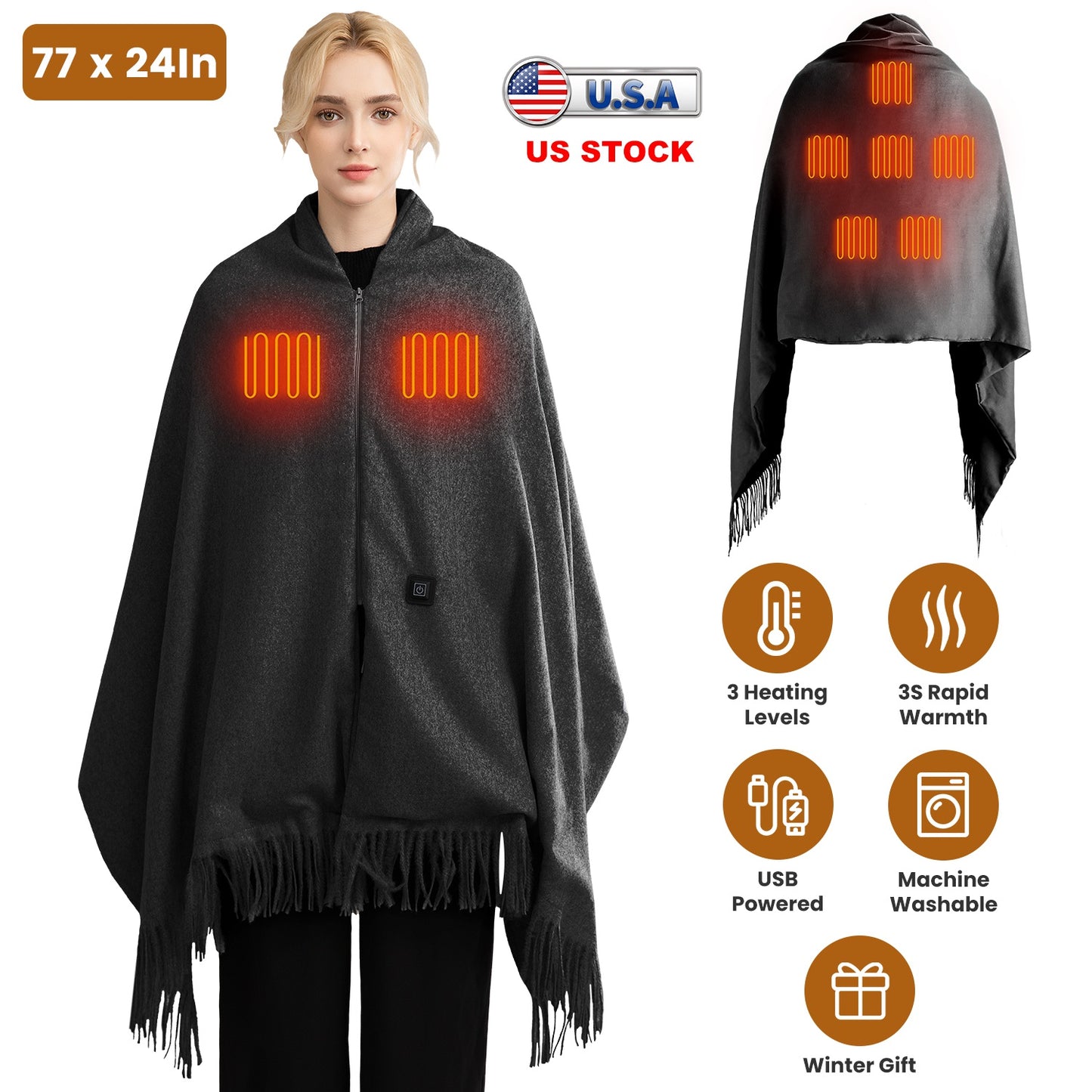 USB Heated Shawl with 3 Temperature Levels and Zipper