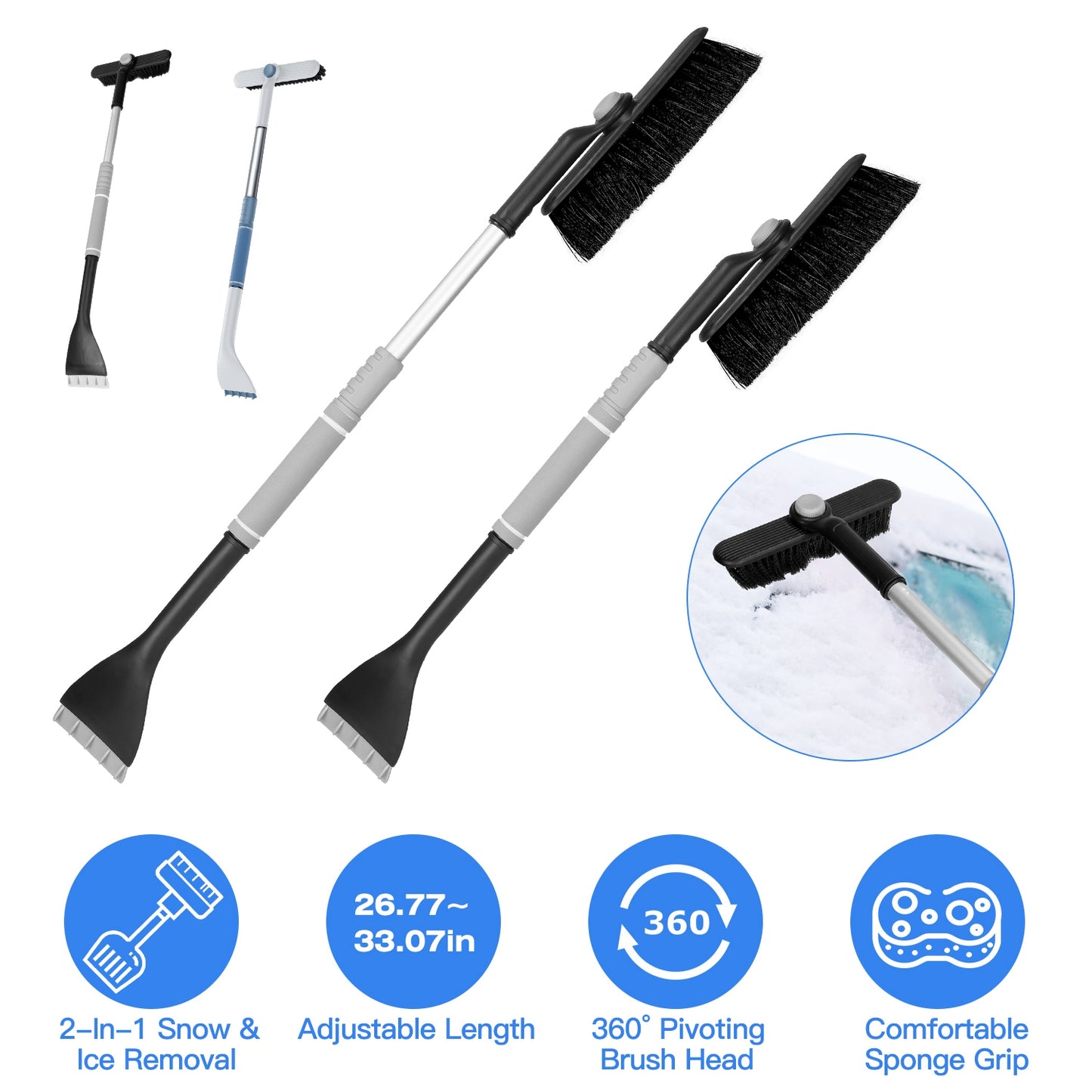 Extendable Snow Brush and Ice Scraper with 360° Pivoting Head