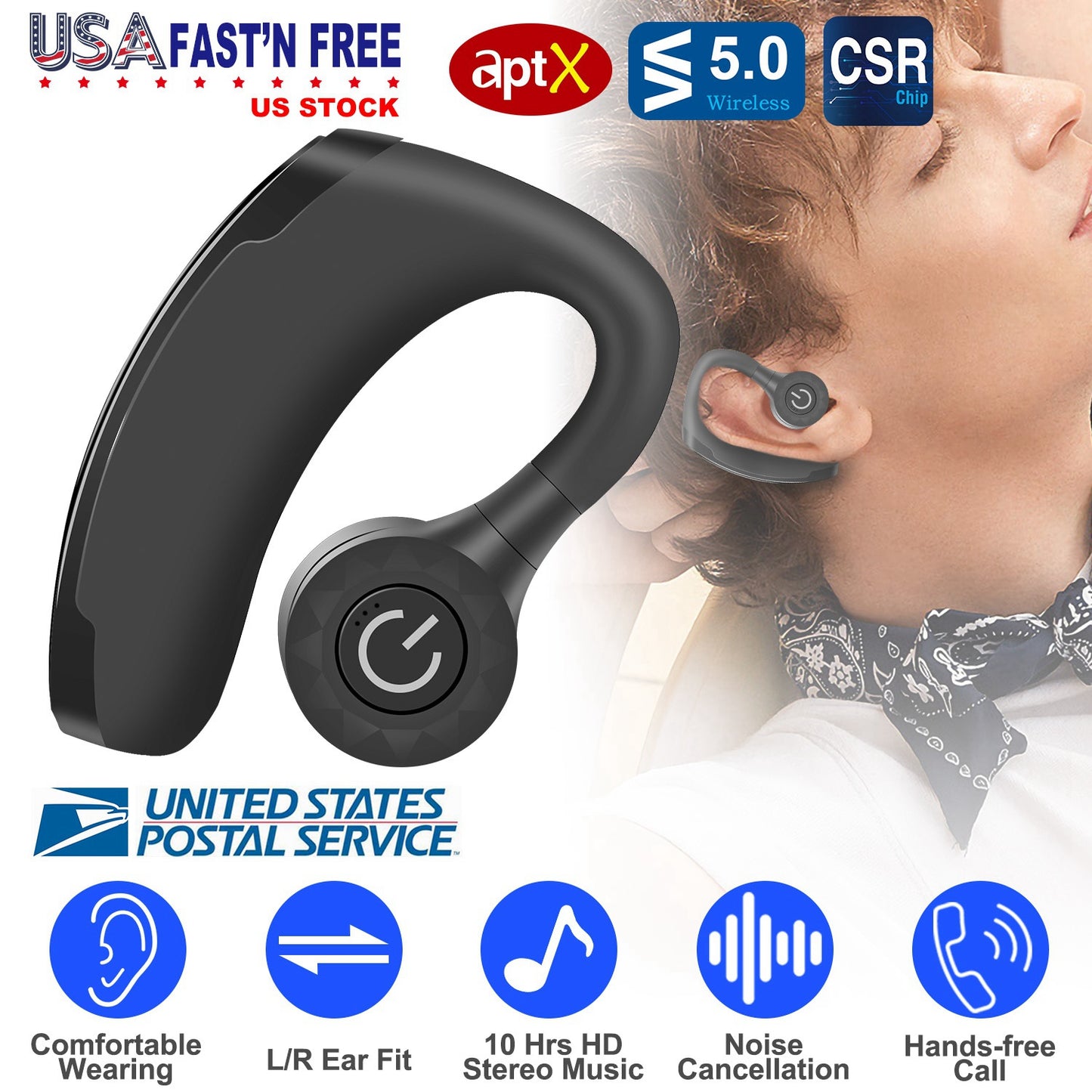 Wireless Bluetooth Earbuds with Ear Hook & 10Hr Playtime