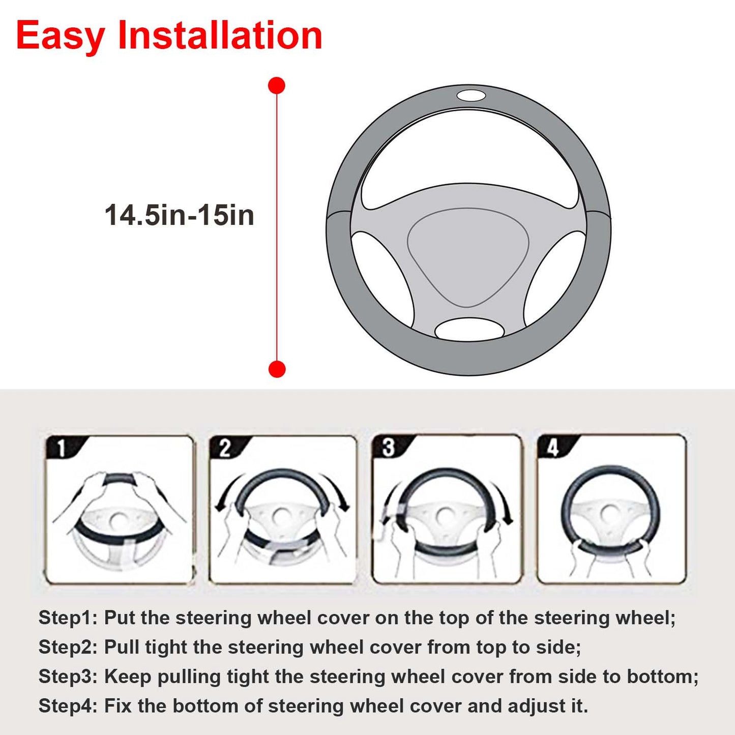Steering Wheel Cover 14.5-15" Universal Fiber Leather