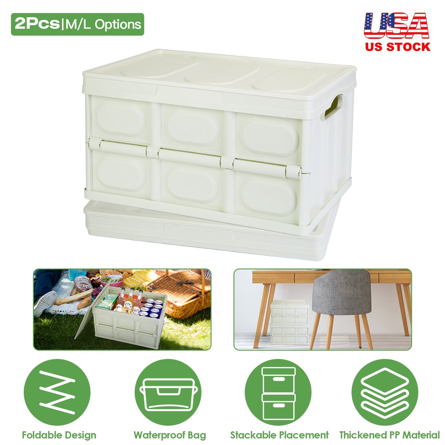Collapsible Storage Bins with Lids - 2 Pack Stackable Organizer