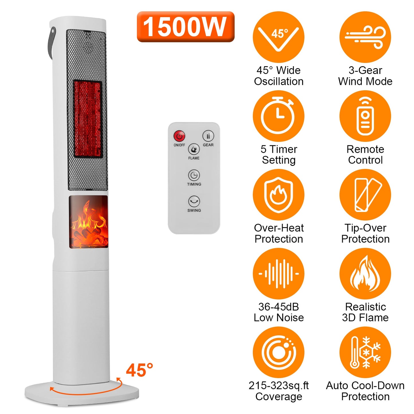 Oscillating Ceramic Tower Space Heater with 3D Flame Effect