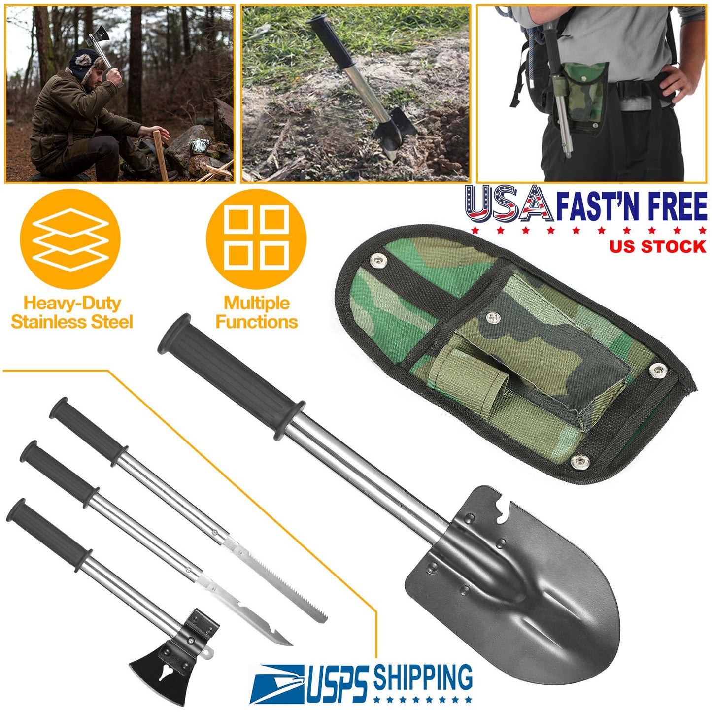 6-in-1 Multi-Tool Survival Kit with Shovel, Axe, Knife & Saw