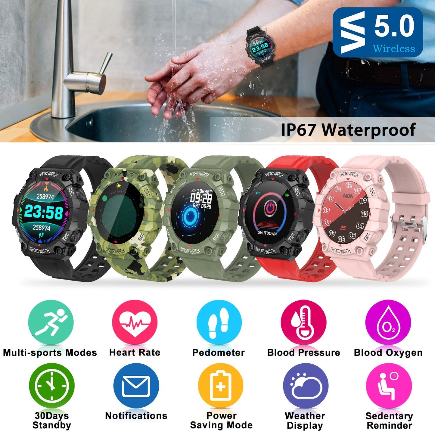 1.3in Wireless Fitness Tracker IP67 Waterproof Smart Watch Sport Bracelet w/Heart Rate Blood Pressure Sleep Monitor For Android IOS