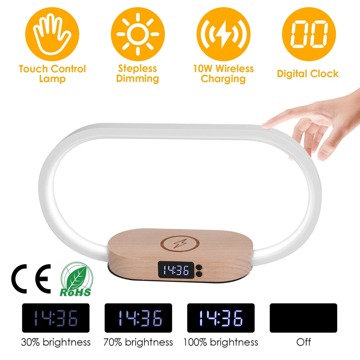 Bedside Table Lamp Touch Control Lamp with Clock Wireless Charging LED Desk Lamp Dimmable Nightstand Reading Lamp