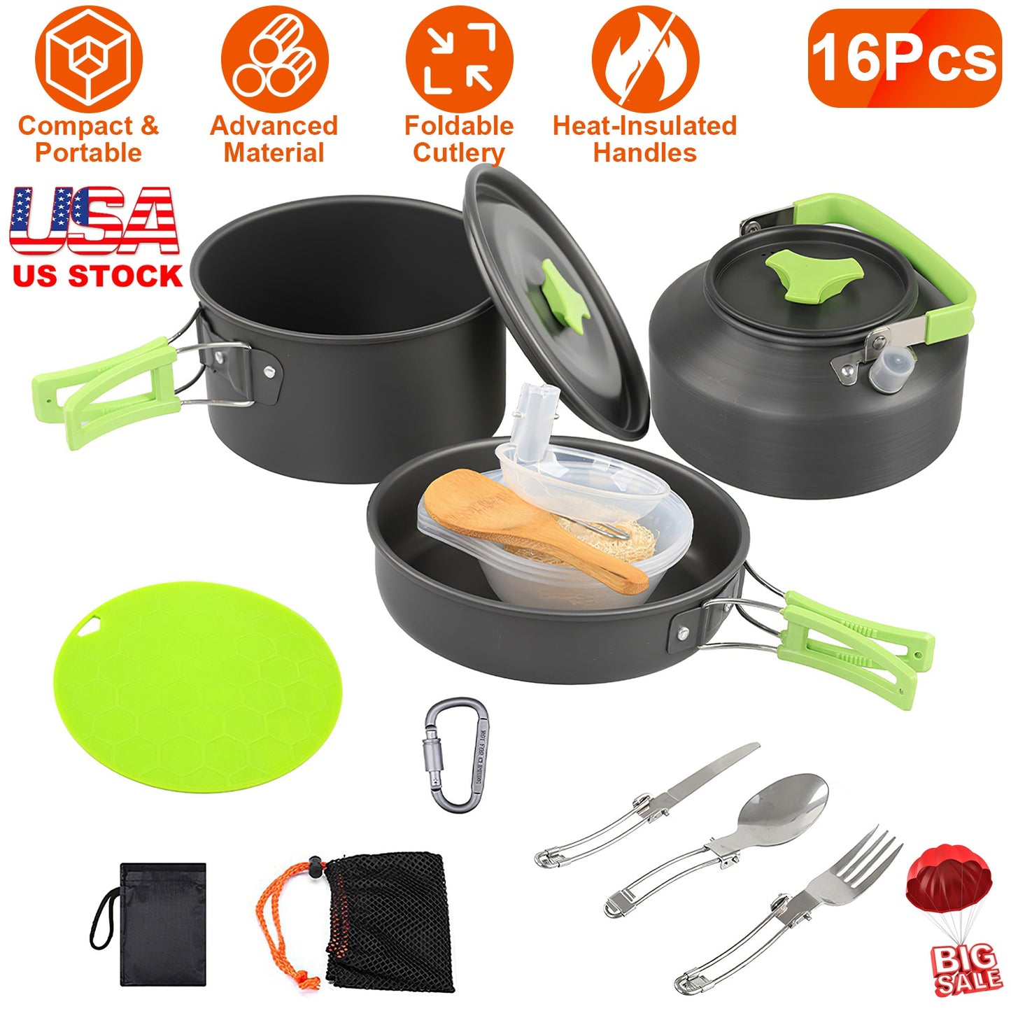 16-Piece Camping Cookware Set with Pot, Pan & Kettle