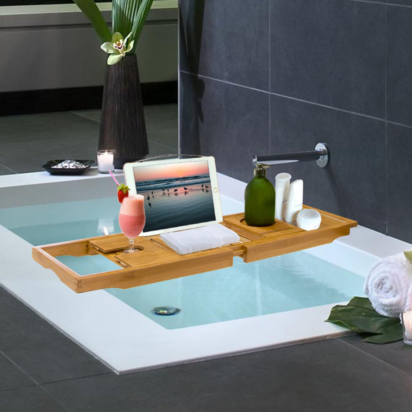 Bamboo Bathtub Caddy Tray with Extendable Arms & Wine Holder