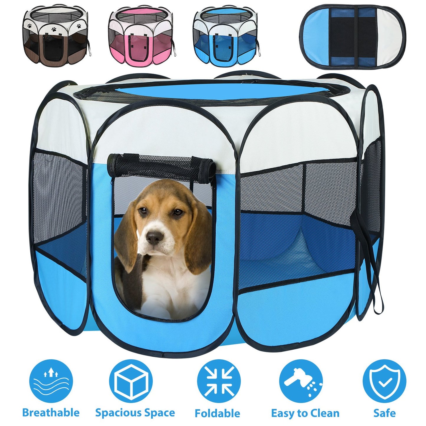 Foldable Pet Playpen with Mesh Panels and Zipper Top