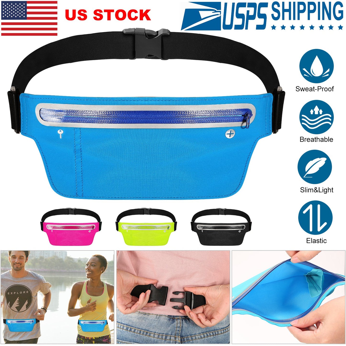 Running Belt Bag Adjustable Waist Pack with Reflective Strip