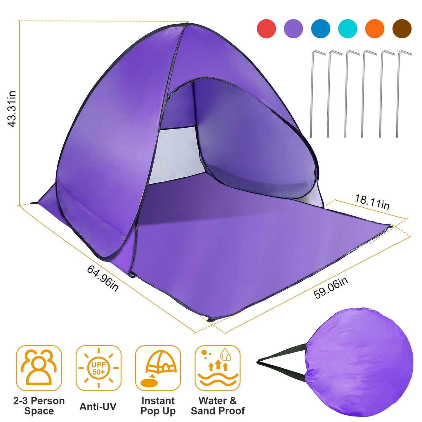 Pop Up Beach Tent with UPF50+ Sun Protection for 2-3 People