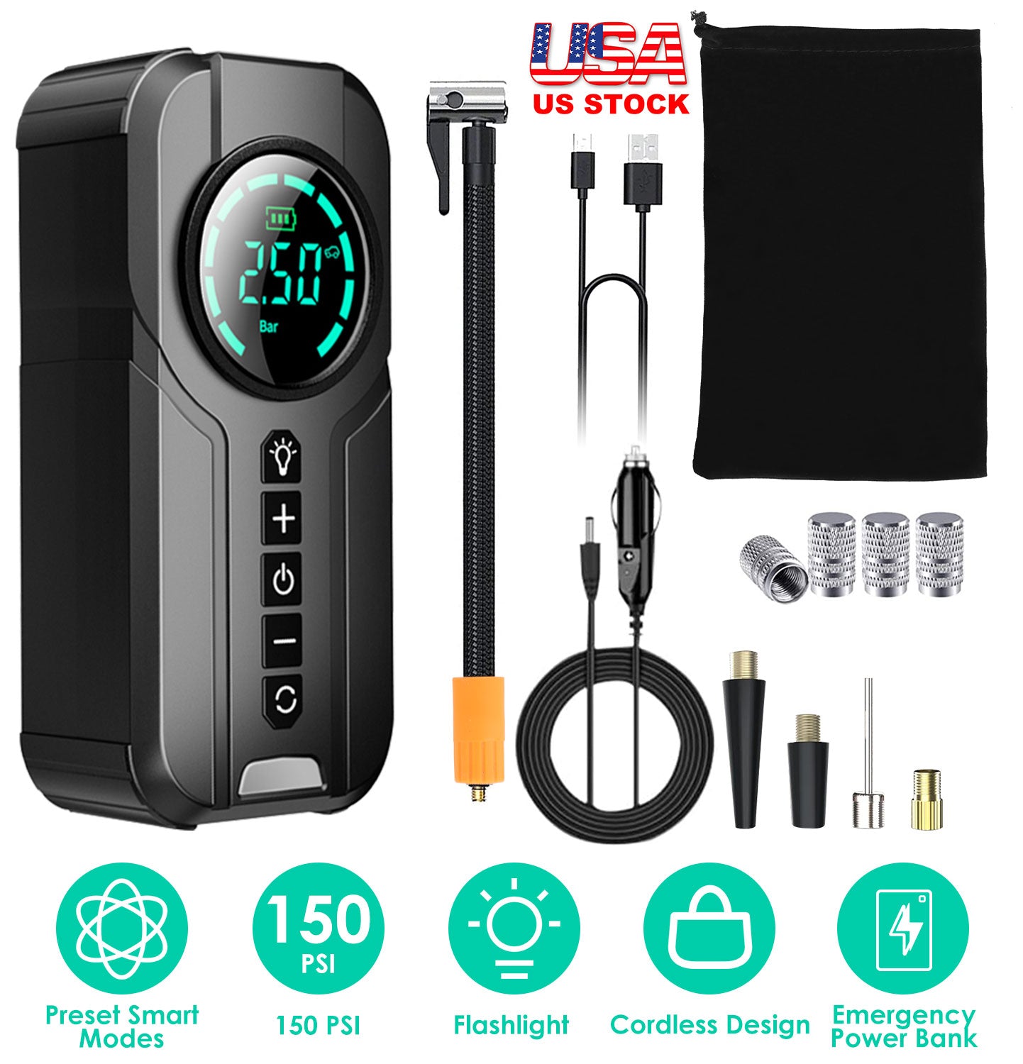 Portable Tire Inflator 150 PSI Wireless Air Compressor with LED