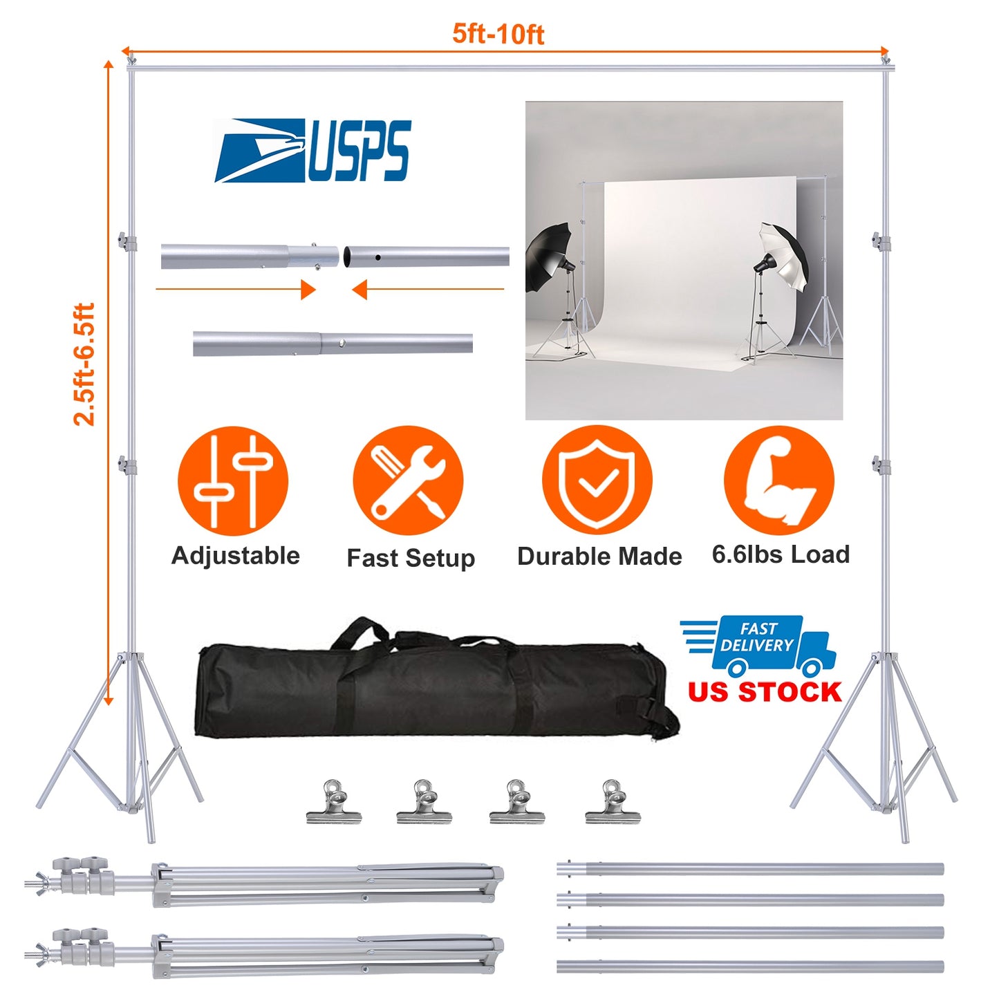 Backdrop Stand 6.5x10ft Adjustable Photography Support System