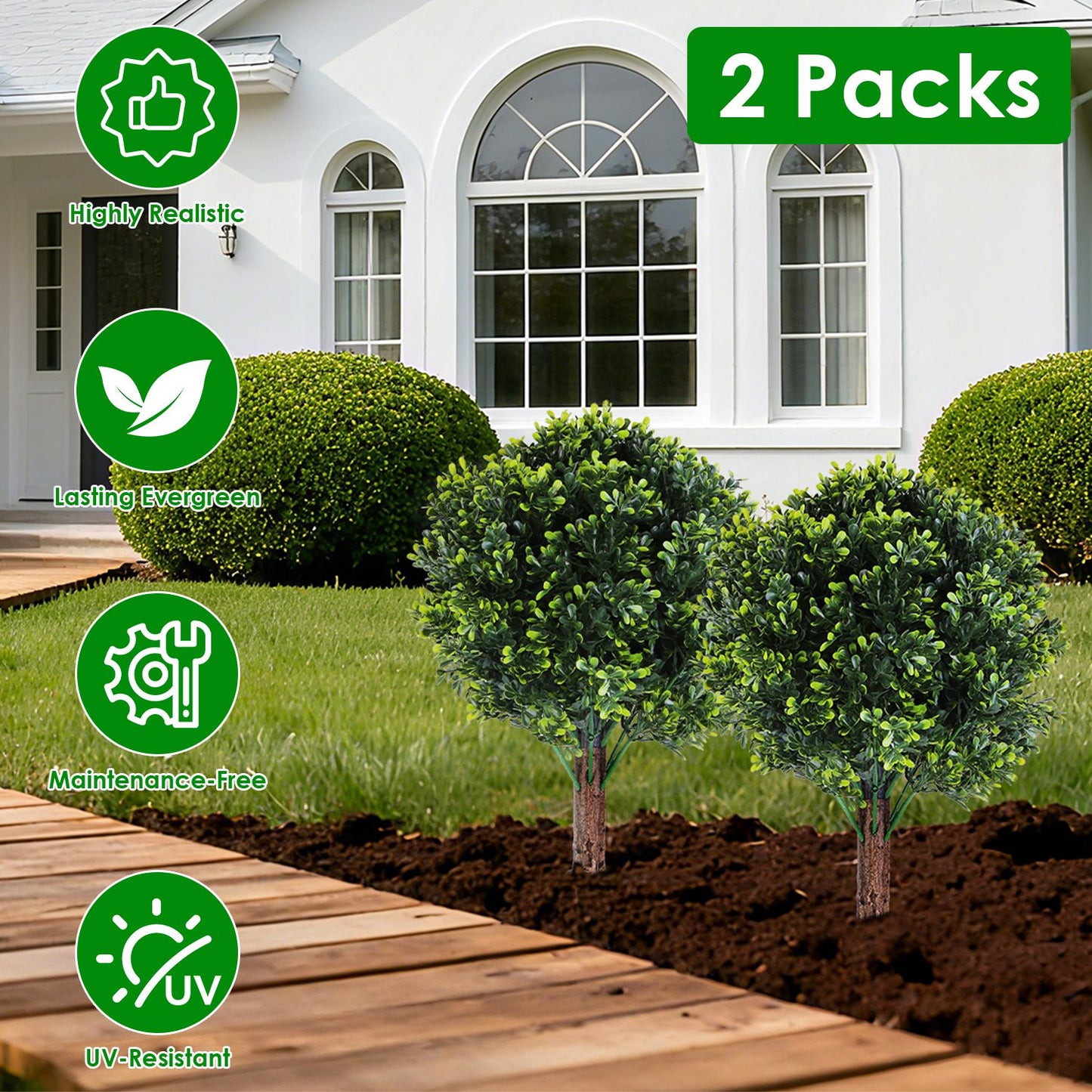 Artificial Boxwood Ball Topiary Tree with Ground Spike - 2 Pack