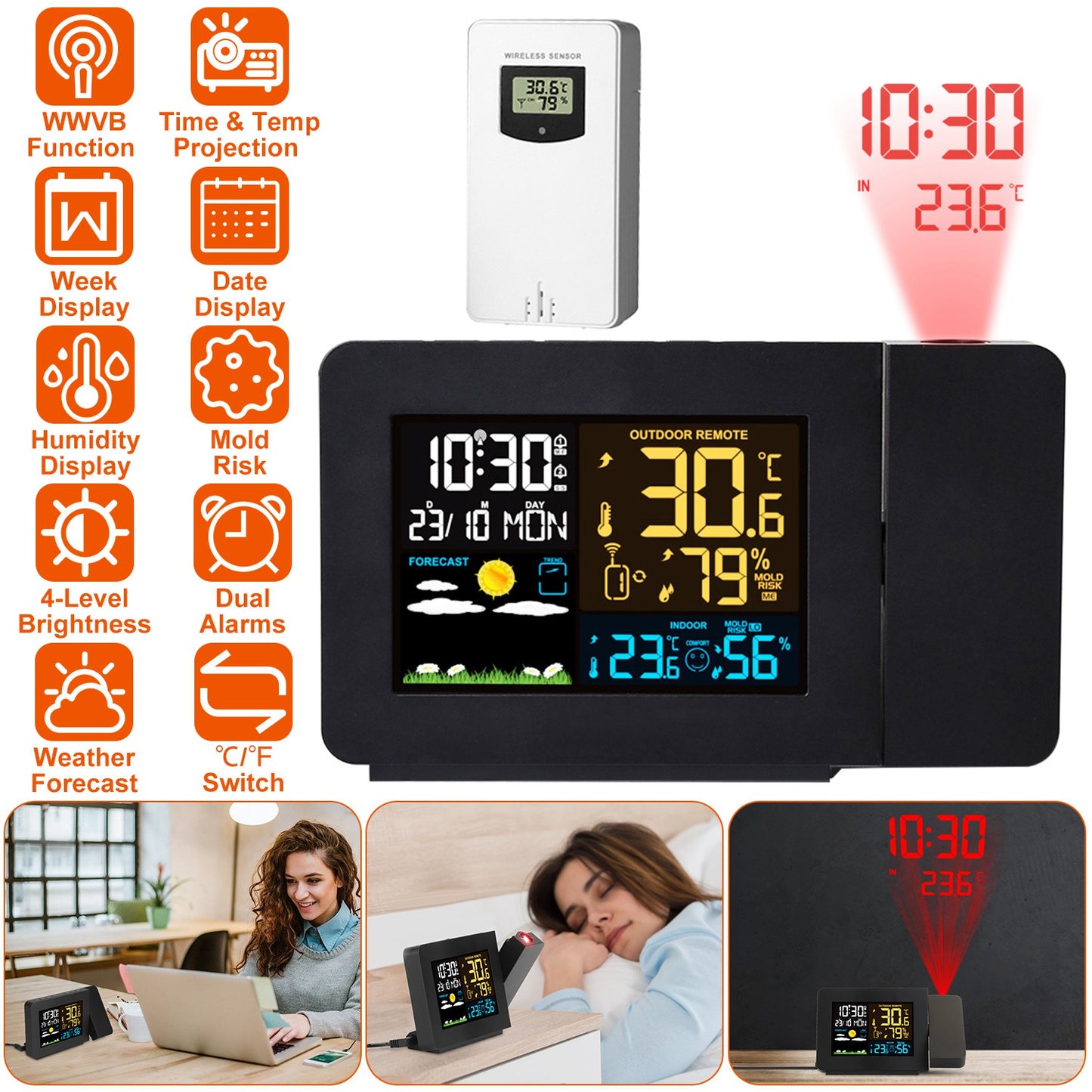 Atomic Projection Alarm Clock with Weather Station & Dual Alarms