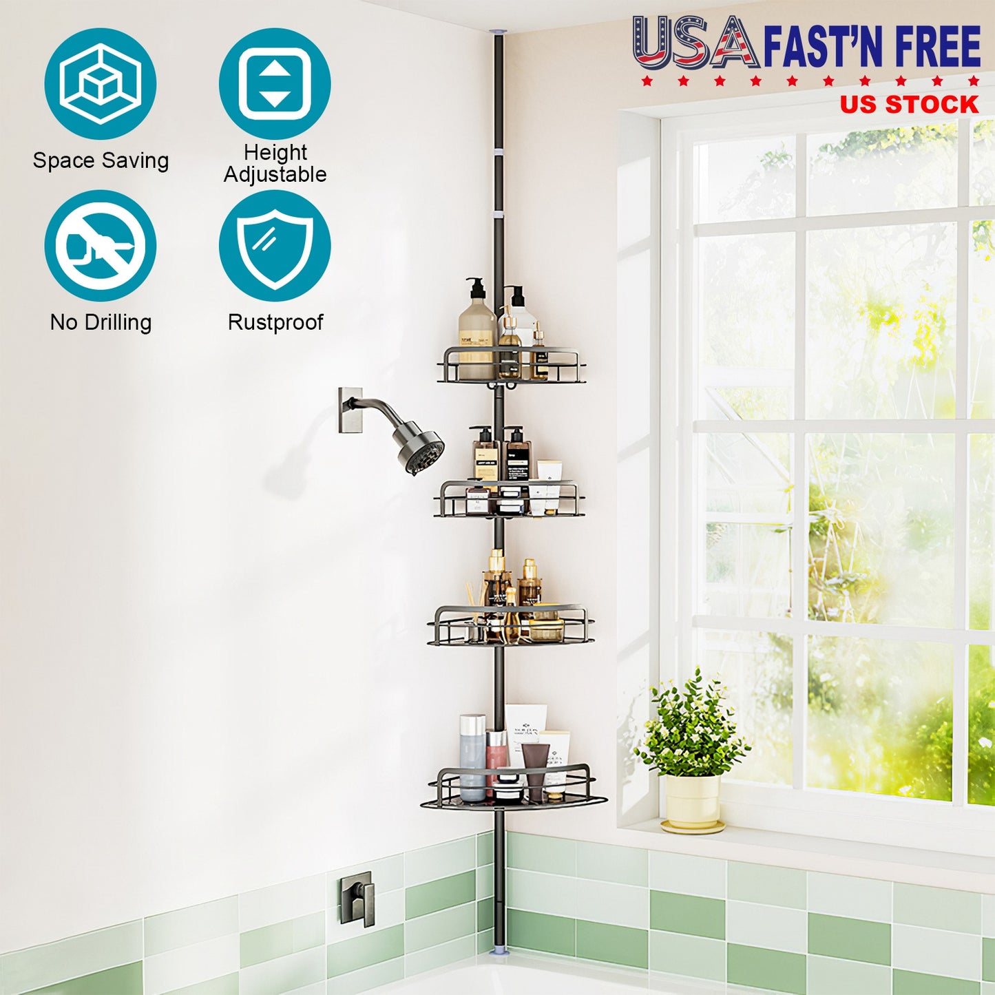 Corner Shower Caddy with 4 Adjustable Shelves