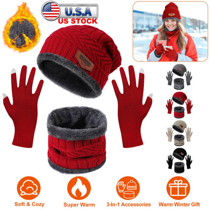 Winter Knitted Hat Scarf Gloves 3Pcs Winter Warm Beanie and Touch Screen Gloves Scarf Set Knit Beanie Skull Cap Neck Warmer Mittens for Men Women