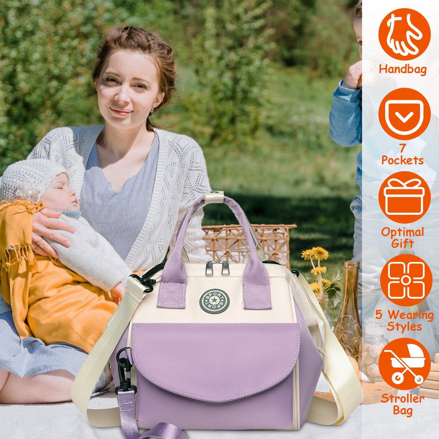 Diaper Bag with 6 Pockets and Detachable Small Bag