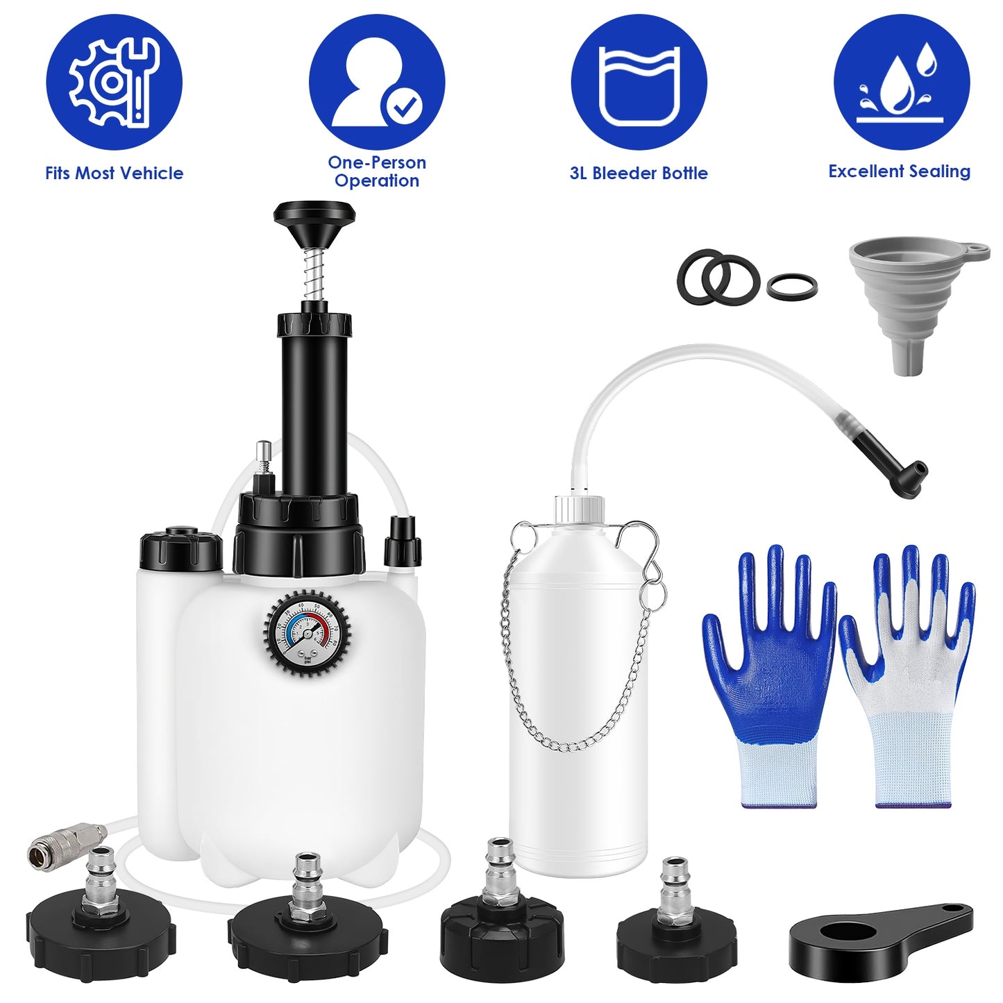 3L Manual Brake Bleeder Kit with 4 Adapter Caps