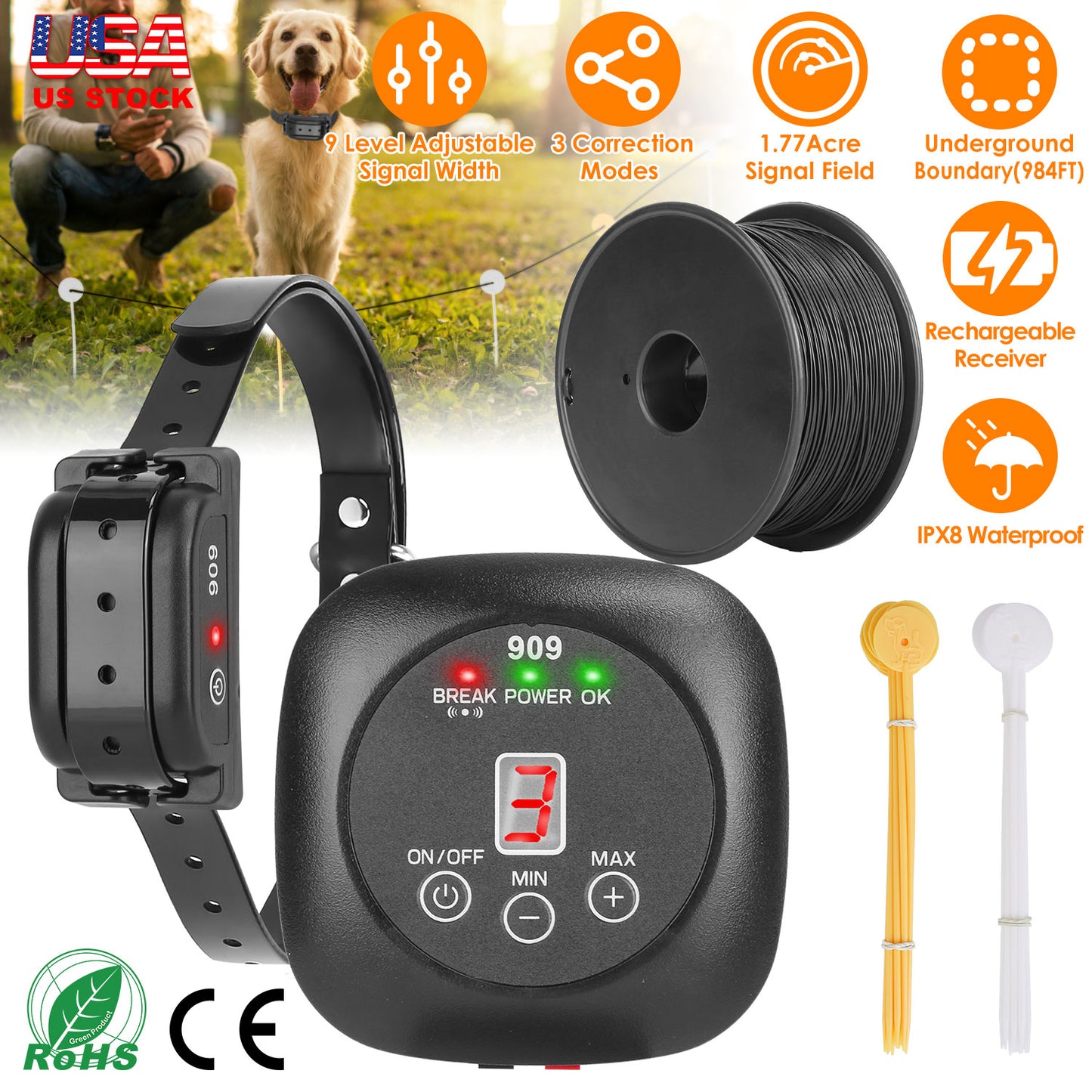 Underground Dog Fence System with Waterproof Rechargeable Collar