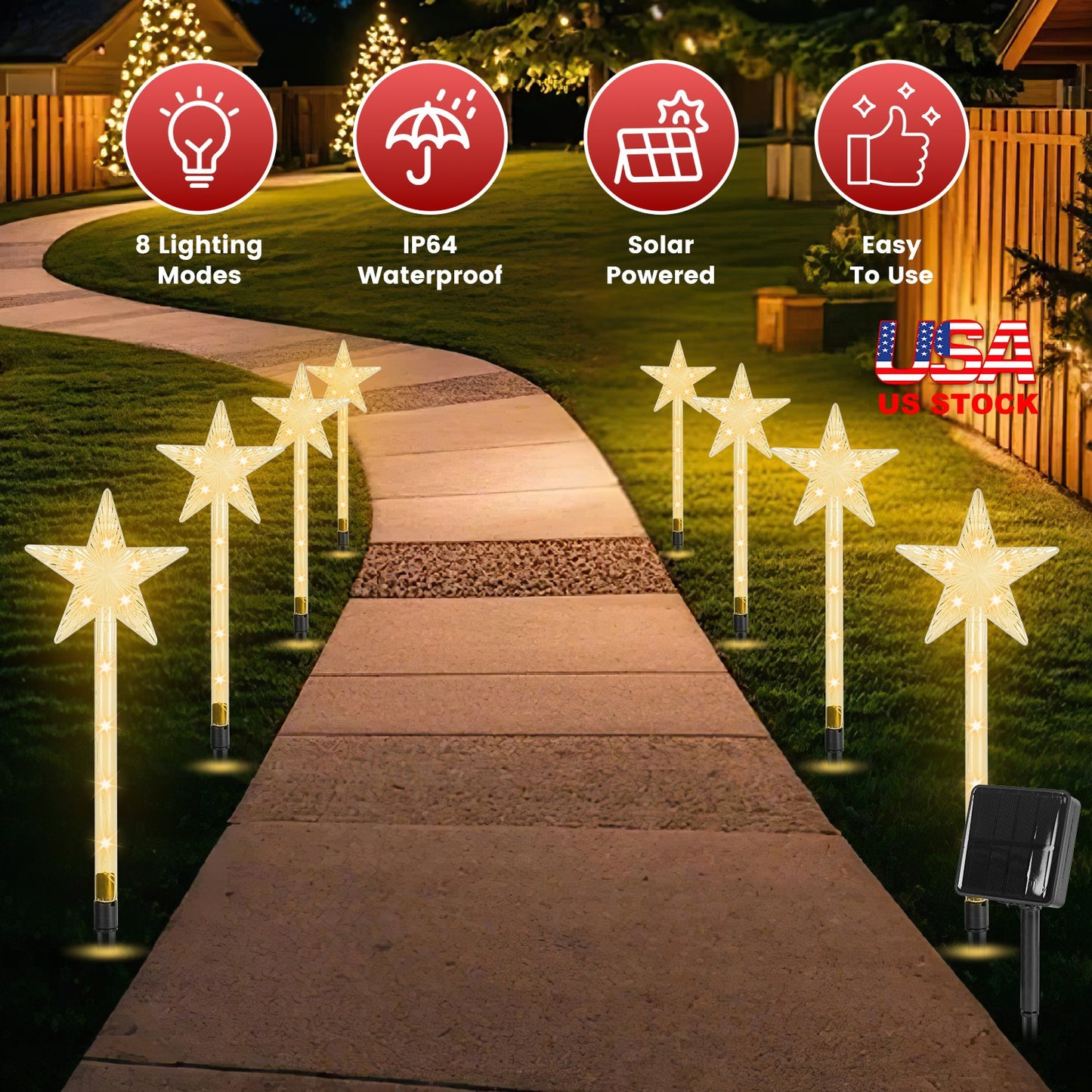 Solar Christmas Star Stake Lights 8-Pack with 8 Lighting Modes