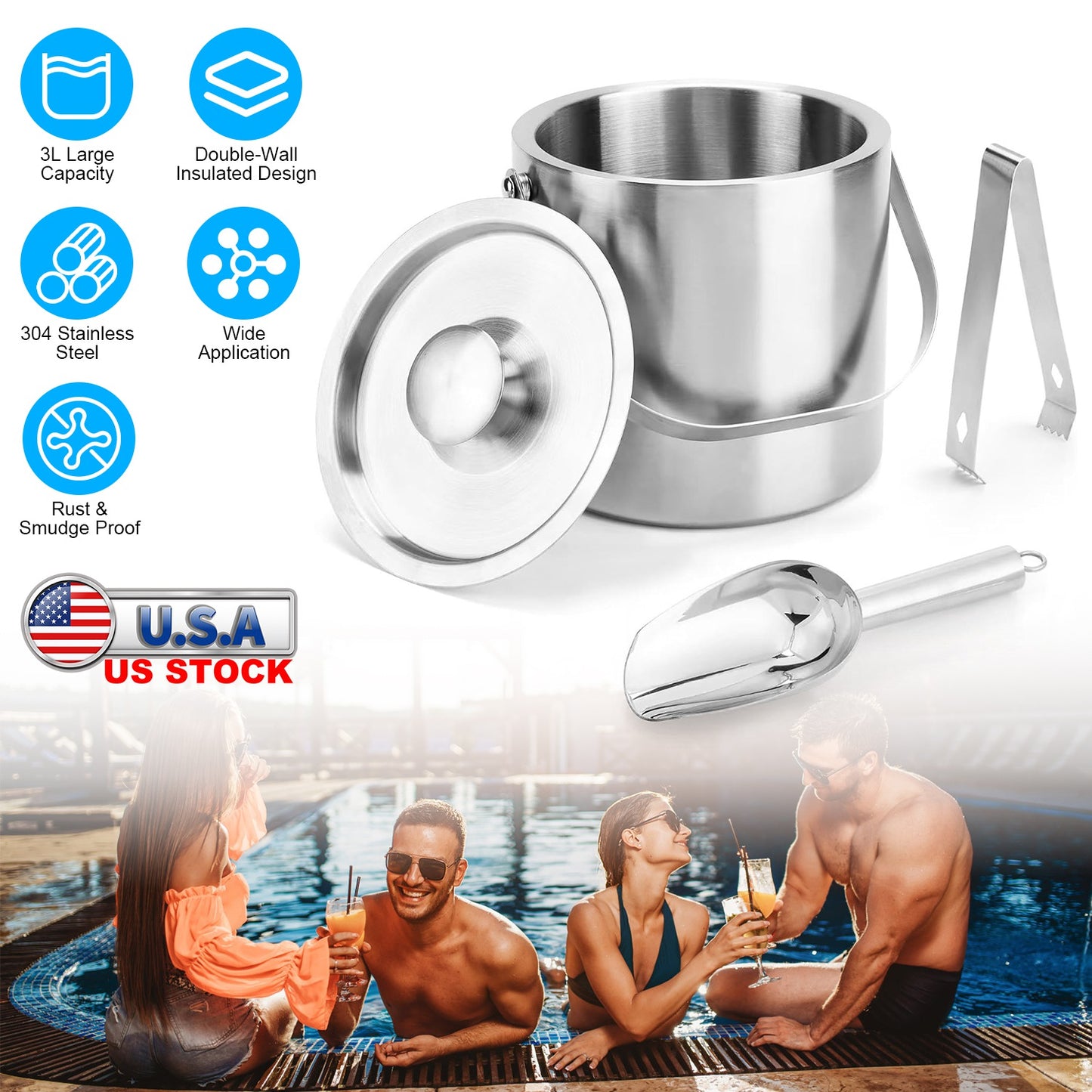 Insulated Ice Bucket 3L Double-Wall Stainless Steel with Lid
