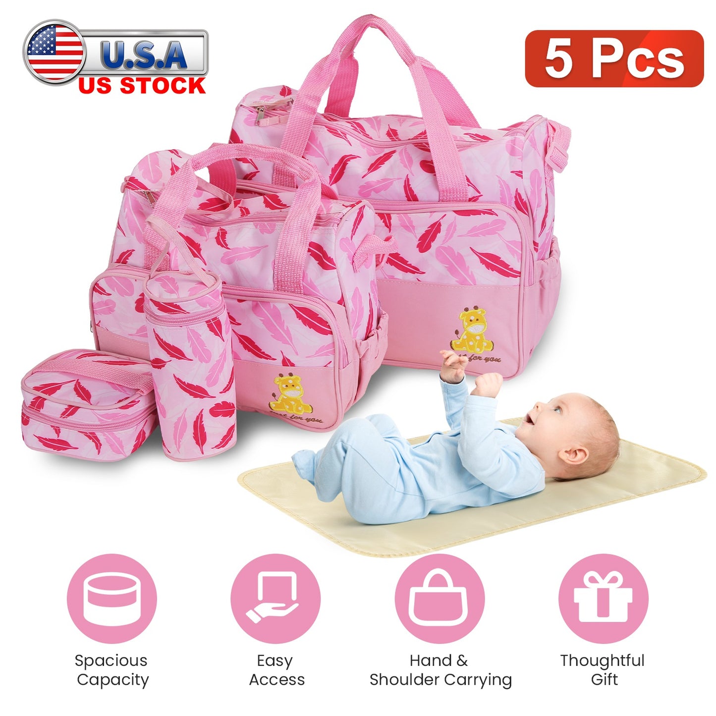 5-Piece Diaper Bag Set with Bottle Bag and Changing Pad