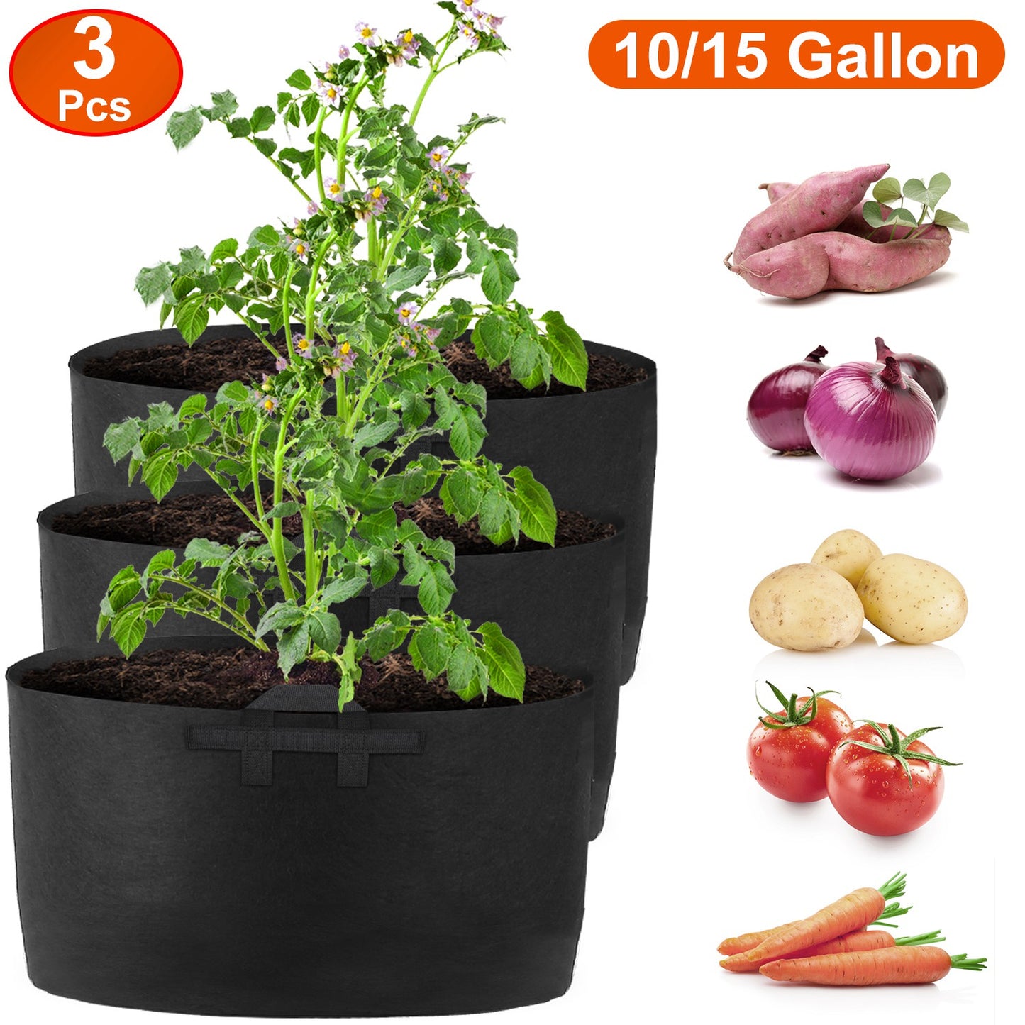 Plant Grow Bags 10 Gallon - 3 Pack Fabric Planter Pots