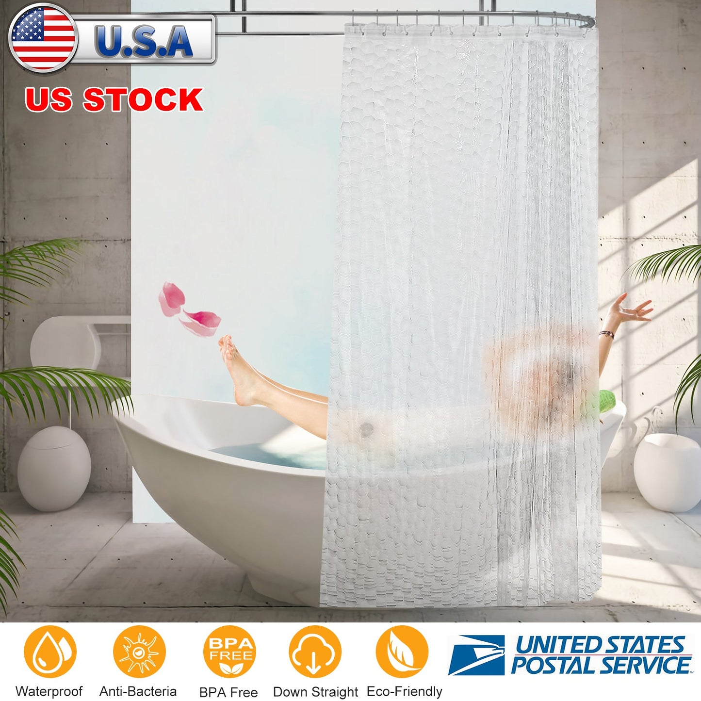 Waterproof EVA Shower Curtain 70x70 Inches with 12 Hooks