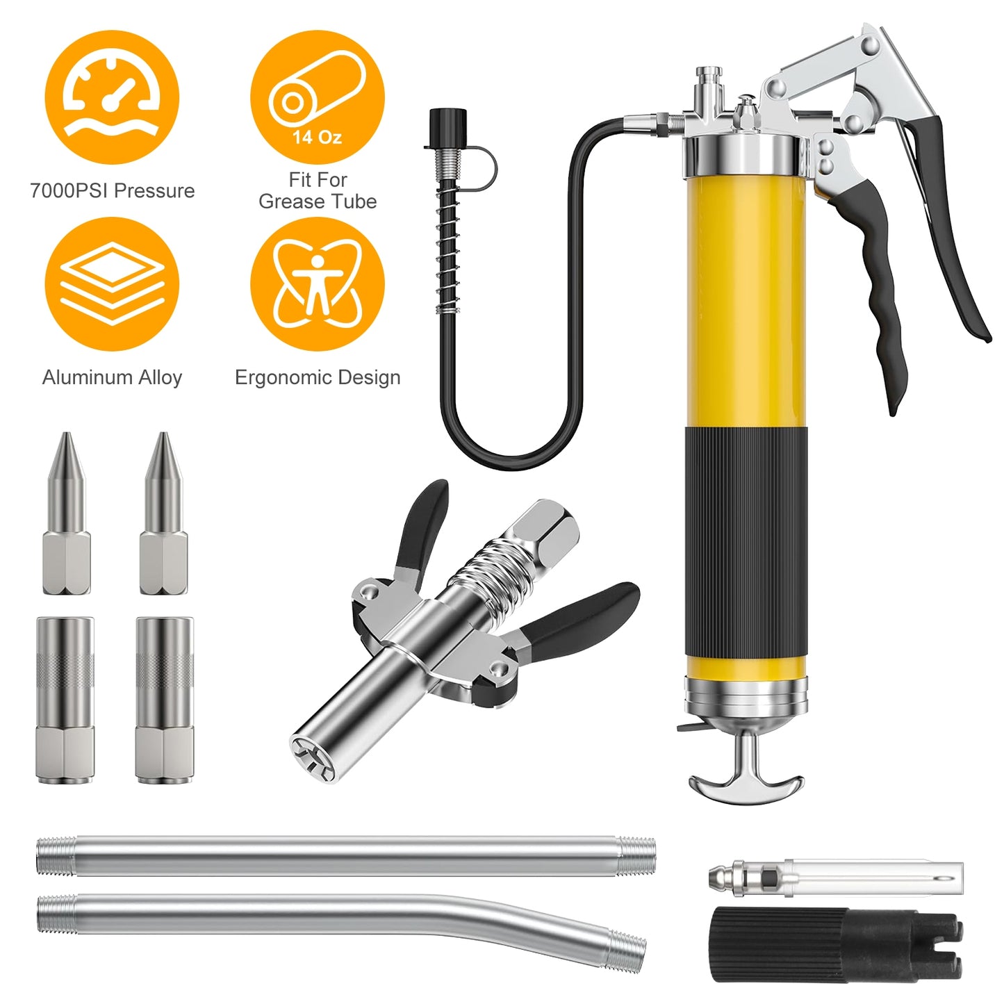 Grease Gun Kit 14 Oz 7000 PSI High Pressure with Flex Hose
