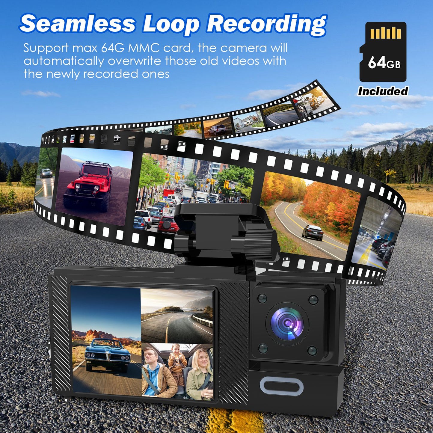 3-Channel Car Dash Cam with WiFi and Night Vision