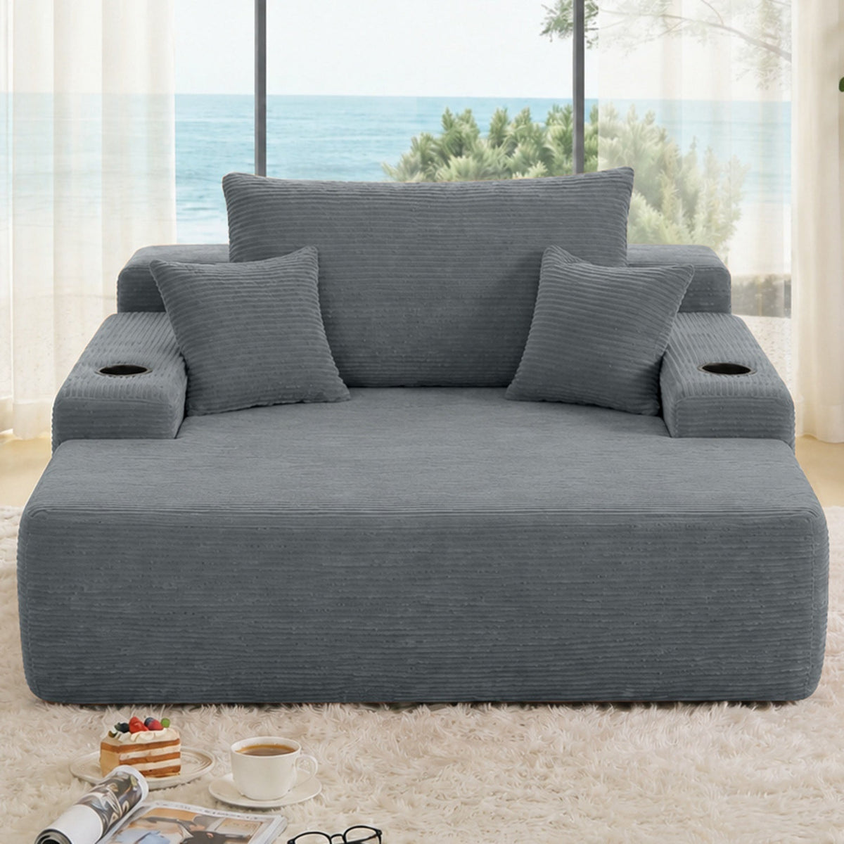 Convertible Chaise Lounge Sleeper Sofa with Cup Holders & Pillows