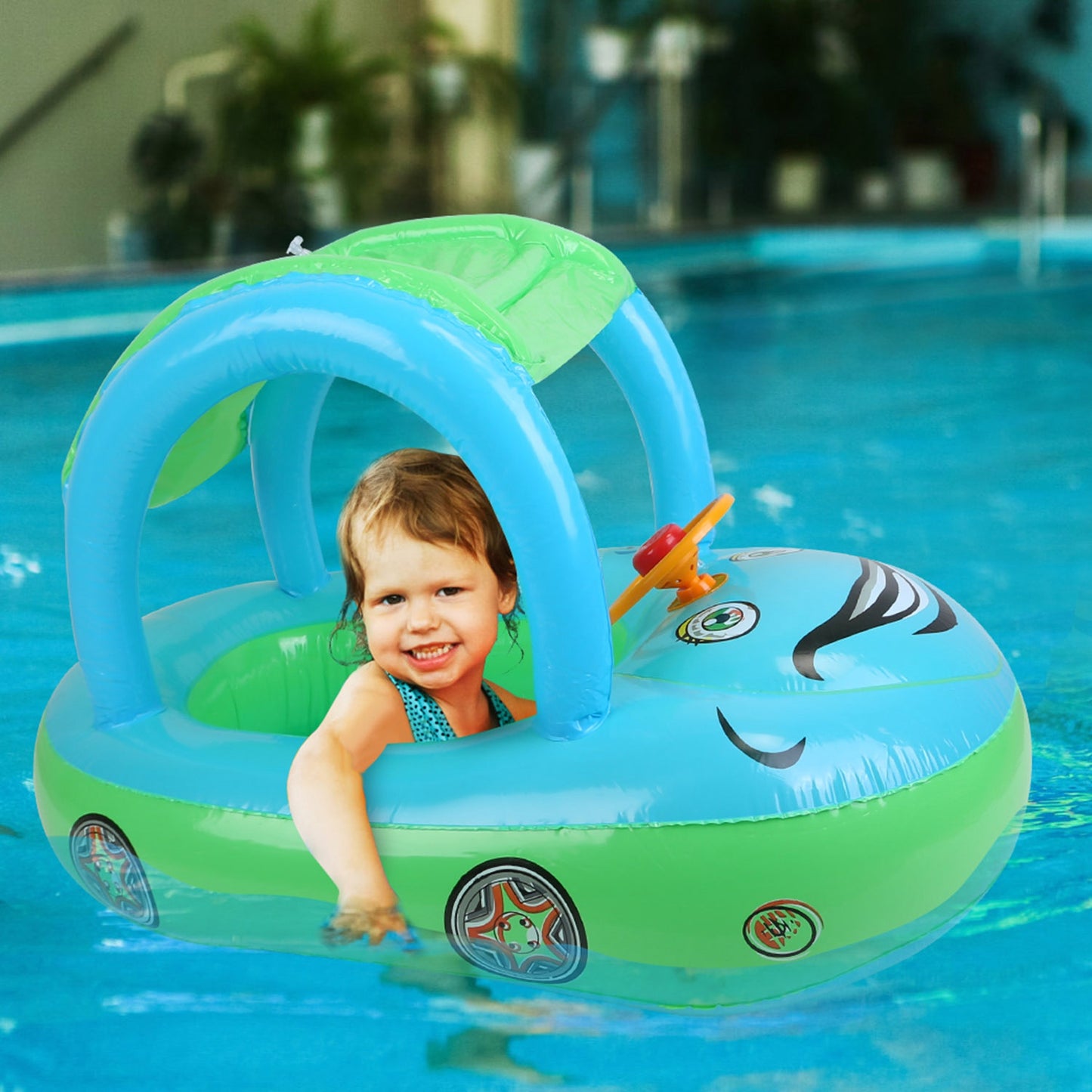 Baby Pool Float with Sun Canopy - Car Shaped Swim Ring