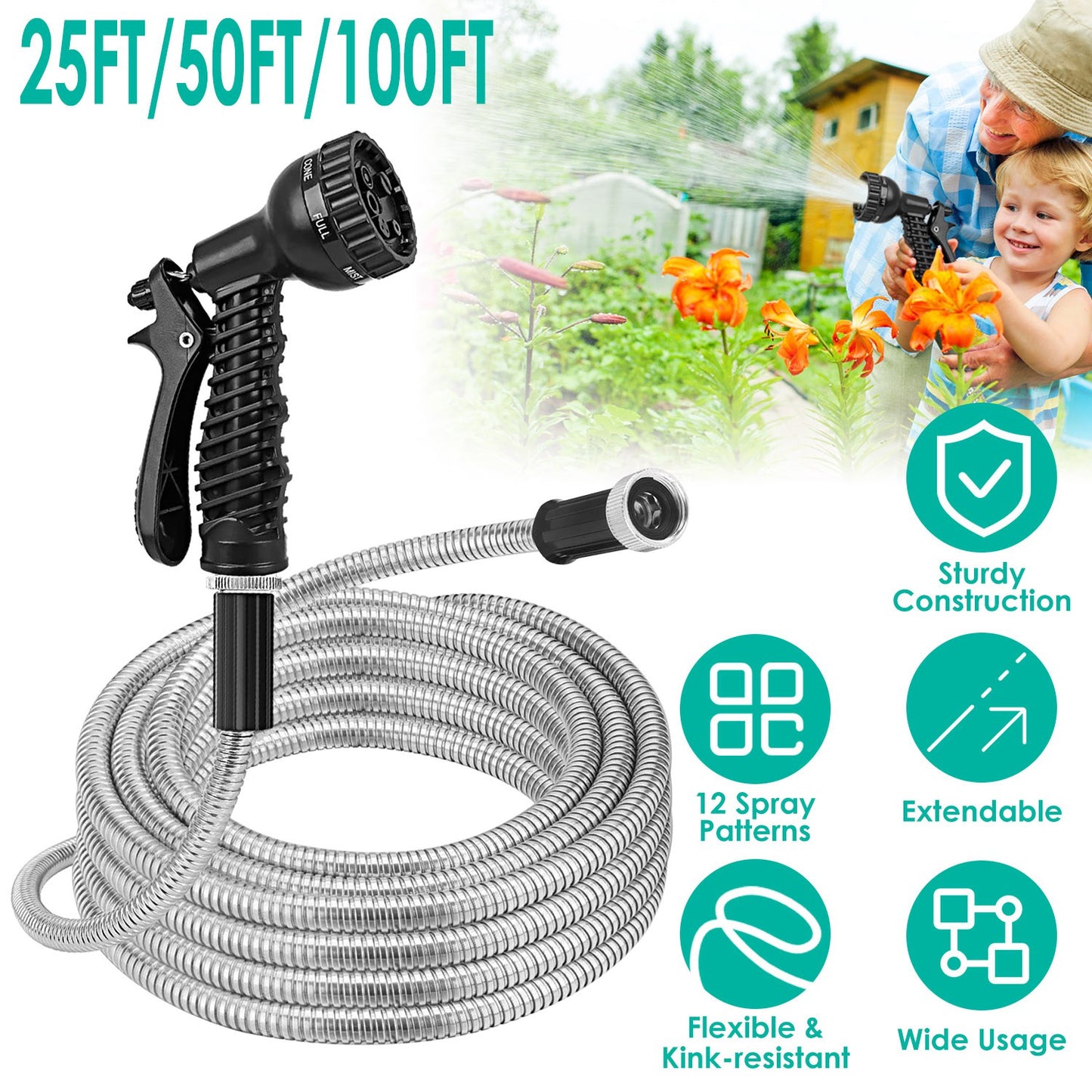 Stainless Steel Garden Hose with Dual Spray Nozzles
