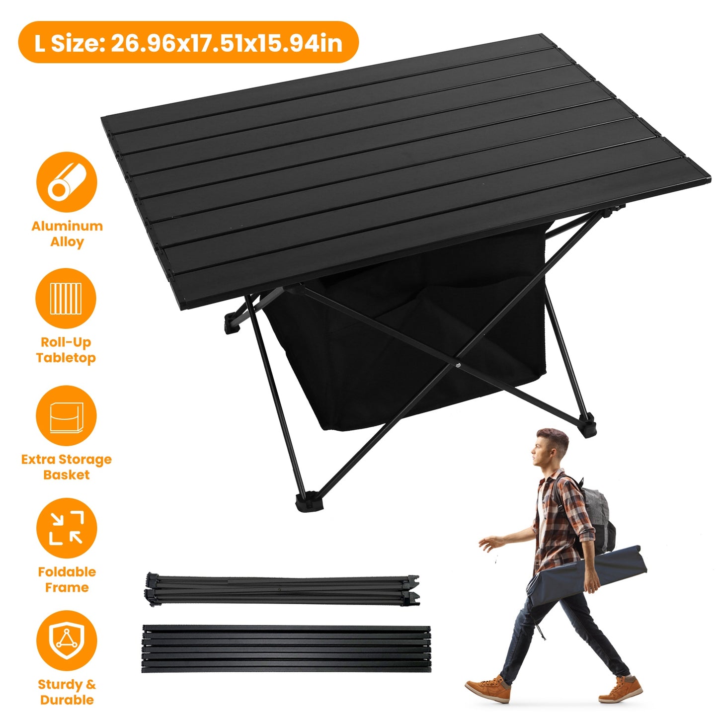 Foldable Camping Table with Storage Basket and Carrying Bag