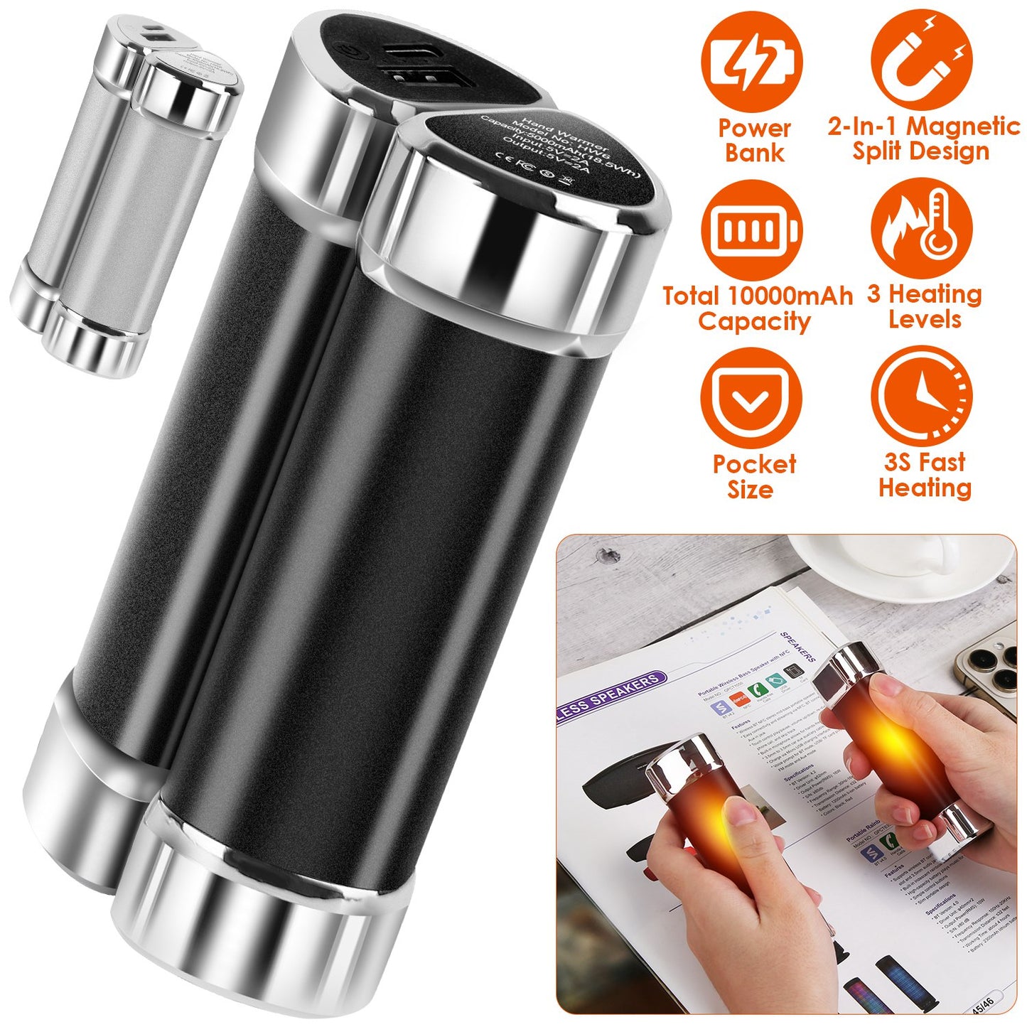Magnetic Hand Warmers 2-Pack with 10000mAh Power Bank